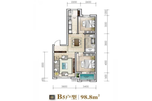 城建·锦泉蓝湾B5户型-2室2厅1卫1厨建筑面积98.80平米