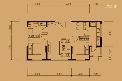 爱达·壹号B1户型-2室2厅1卫1厨建筑面积90.73平米