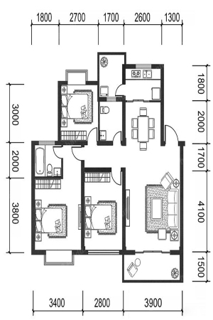 东峰世纪公寓1-2-0102户型-2室2厅2卫1厨建筑面积85.00平米