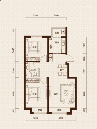 金沙城G6户型-2室2厅1卫1厨建筑面积77.00平米