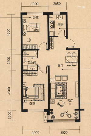 海逸铭筑H2户型-2室2厅1卫1厨建筑面积79.00平米