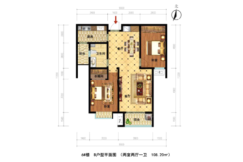 丽阳小区6#B户型-2室2厅1卫1厨建筑面积108.20平米