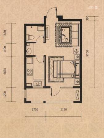 海逸铭筑A1户型-1室1厅1卫1厨建筑面积39.20平米