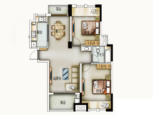 橡树城一期31-34#标准层J02户型-2室2厅1卫1厨建筑面积85.00平米