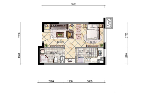 万科公园大道E2户型-1室1厅1卫1厨建筑面积43.00平米