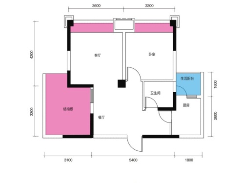 东城国际一期4、5、6栋标准层A1户型-1室2厅1卫1厨建筑面积61.66平米