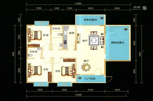 九悦廷B1户型-B1户型-3室2厅2卫1厨建筑面积124.26平米