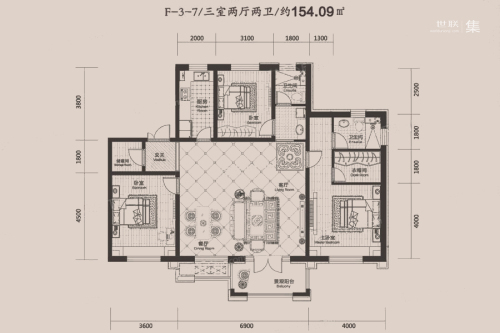 瀚林甲第6号楼F-3-7户型-6号楼F-3-7户型-3室2厅2卫1厨建筑面积154.09平米