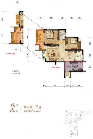 棠湖清江花语一期B1-3、B1-3a户型标准层-2室2厅1卫1厨建筑面积84.44平米