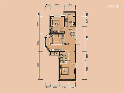 新星宇和源二期塞纳45#-06户型-2室2厅1卫1厨建筑面积90.07平米