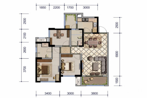 成都鲁能城2期1、2、3、7、9号楼G户型标准层-3室2厅2卫1厨建筑面积97.00平米