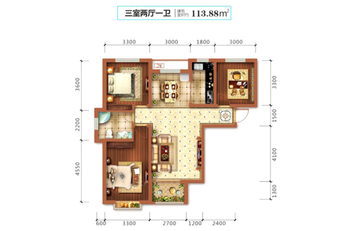 高远尚东城3#5#B4户型-3室2厅1卫1厨建筑面积113.88平米