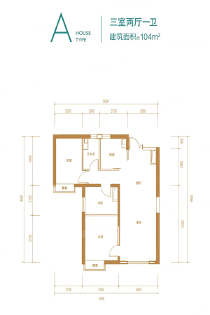 未来公元A户型-3室2厅1卫1厨建筑面积104.00平米