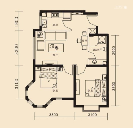 温莎庄园C3-2户型-2室2厅1卫1厨建筑面积76.15平米