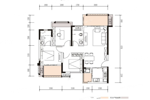 品润金樽府一期一批次A2-1标准层-3室2厅2卫1厨建筑面积100.55平米