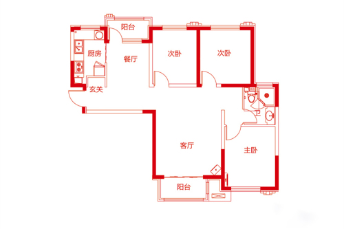 万达城C6栋B2户型-3室2厅1卫1厨建筑面积118.00平米