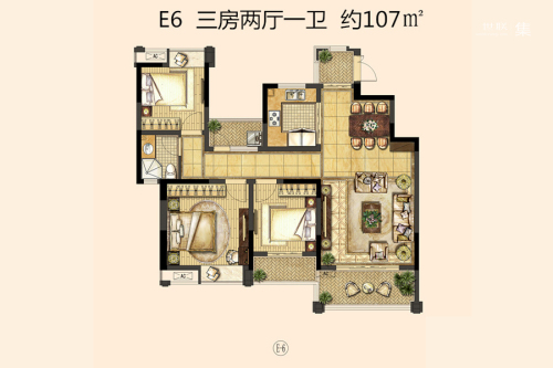 喜之郎丽湖湾一期洋房18#标准层E6户型-3室2厅1卫1厨建筑面积107.00平米