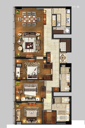 雨润国际广场一期中央公寓标准层C4户型-3室2厅2卫1厨建筑面积253.00平米
