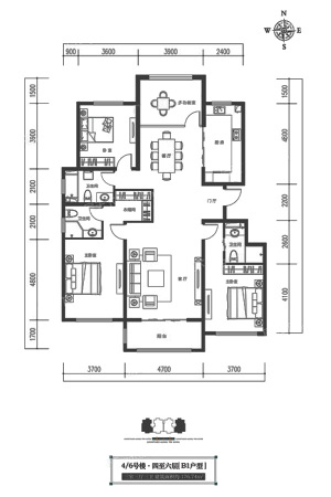 御河上院4、6#-（4-6）层-B1户型-标准层-3室3厅3卫1厨建筑面积176.74平米