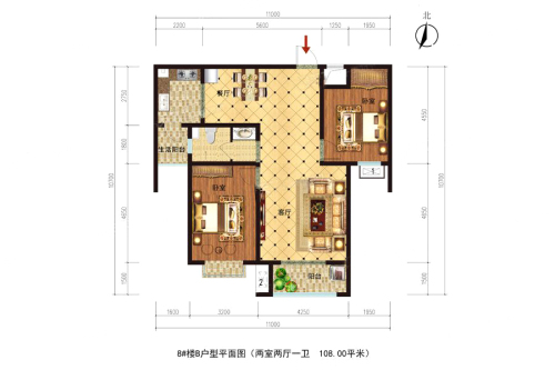 丽阳小区8#B户型-2室2厅1卫1厨建筑面积108.00平米