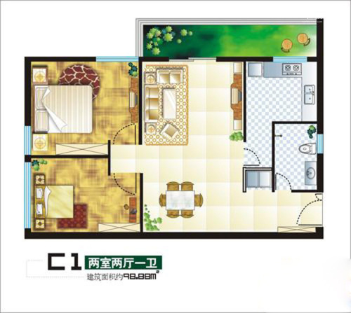 乐府国际公寓C1户型-2室2厅1卫1厨建筑面积98.88平米