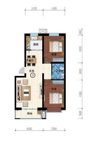 金灿家园2#D户型-2室2厅1卫1厨建筑面积98.59平米