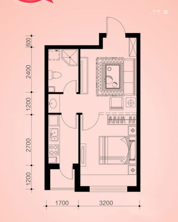 天缘水晶恋城A3户型-1室1厅1卫0厨建筑面积45.77平米