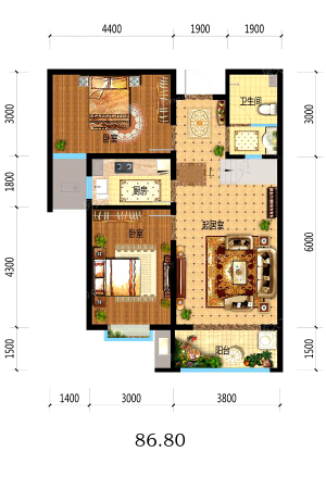 福临名邸8#10#中门18层户型-2室2厅1卫1厨建筑面积86.80平米