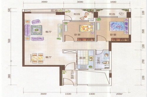 亿海·澜泊湾一期A#1单元03户型-2室2厅1卫1厨建筑面积89.34平米