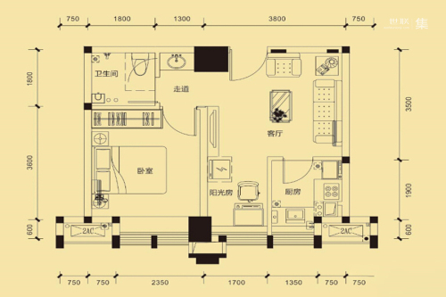 华润二十四城3号楼标准层D2户型（售罄）-1室1厅1卫0厨建筑面积50.00平米