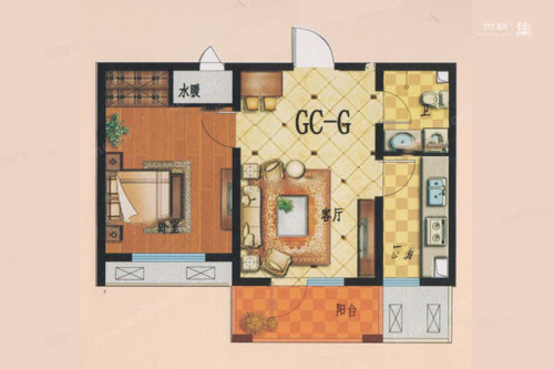 步阳江南甲第三期GC-G户型-1室1厅1卫1厨建筑面积55.00平米