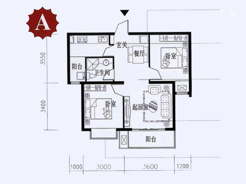 鸿基新城沁园一期A户型-2室2厅1卫1厨建筑面积72.00平米