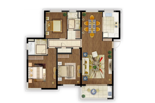 仁恒绿洲新岛三期3#标准层E户型-3室2厅2卫1厨建筑面积135.00平米