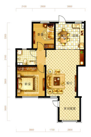 尚海印象B1户型97.88㎡-3室2厅1卫1厨建筑面积97.88平米