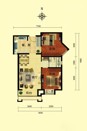 丽都壹号A4户型-2室1厅1卫1厨建筑面积89.57平米