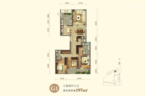 泰和龙庭G1户型-3室2厅3卫1厨建筑面积197.00平米