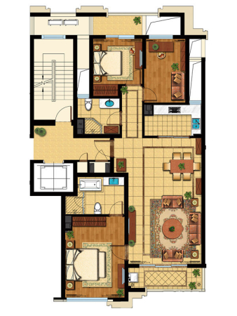绿城兰园二期小高层公寓G1户型-3室2厅2卫1厨建筑面积148.00平米