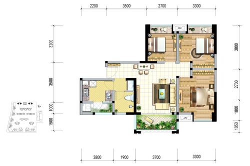 绿岛筑4栋、6栋F2户型标准层-3室2厅1卫1厨建筑面积82.08平米
