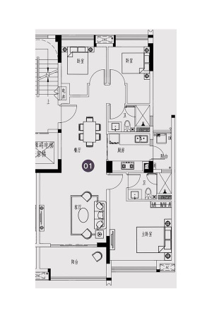 保利紫云C4、C5栋01户型-3室2厅2卫1厨建筑面积104.72平米