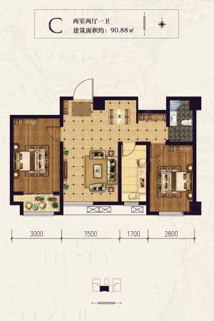 硕辉蓝堡湾C户型-2室2厅1卫1厨建筑面积90.88平米