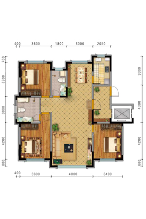 源山别院A1标准层户型-3室2厅2卫1厨建筑面积144.00平米