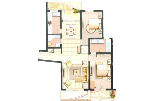 百汇园翠园C户型-2室2厅2卫1厨建筑面积125.00平米