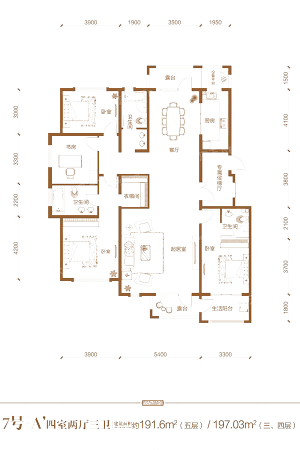 汇君城F7#3、4、5层A’型-4室2厅3卫1厨建筑面积191.60平米