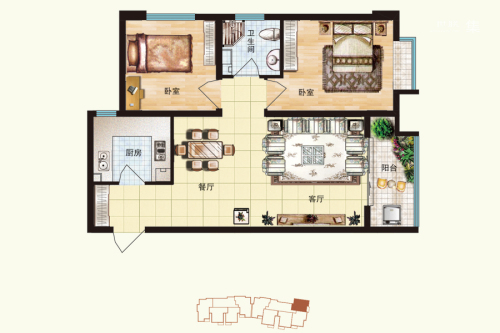 华普城2区标准层M户型-2室2厅1卫1厨建筑面积79.56平米