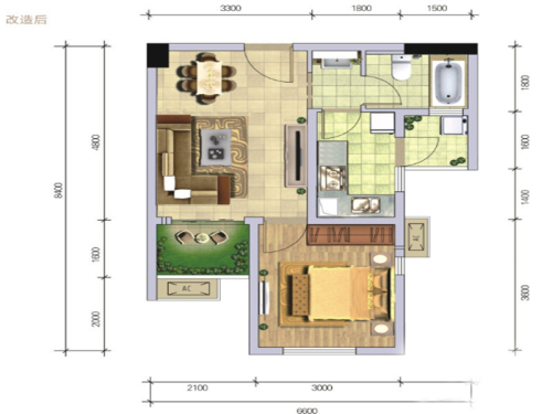 湟普国际湟座一期一批次标准层2A2户型-1室2厅1卫1厨建筑面积53.00平米