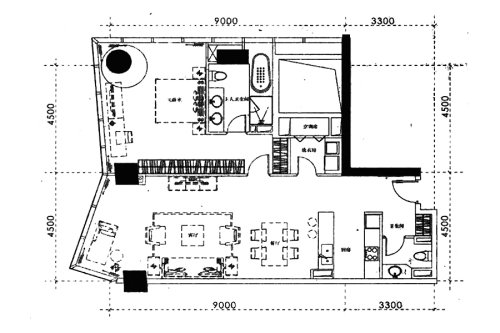 玄武湖金茂广场一期标准层E户型-1室2厅2卫1厨建筑面积135.00平米