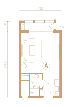 尚宾城公寓标准层A户型-1室1厅1卫1厨建筑面积42.07平米