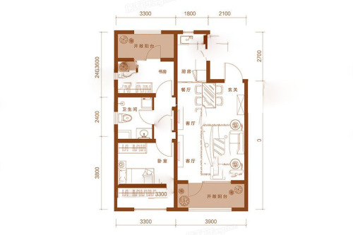 亿博隆河谷C2户型-2室2厅1卫1厨建筑面积81.21平米