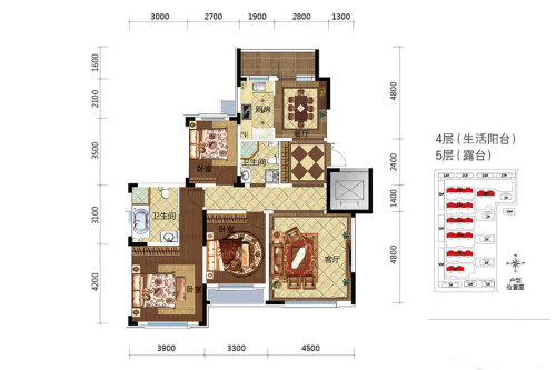 其仕和颂洋房130平户型-3室2厅2卫1厨建筑面积130.00平米