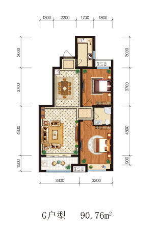 紫涵樾府G户型-2室2厅1卫1厨建筑面积90.76平米